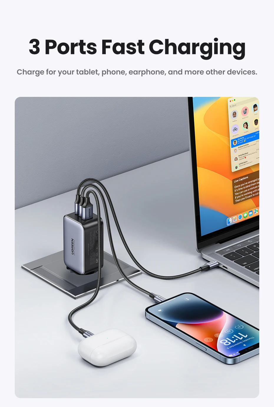 UGREEN 65W GaN Charger Quick Charge 4.0 3.0 Type C PD USB Charger for iPhone 16 15 14 Pro Max Fast Charger For Laptop PD Charger