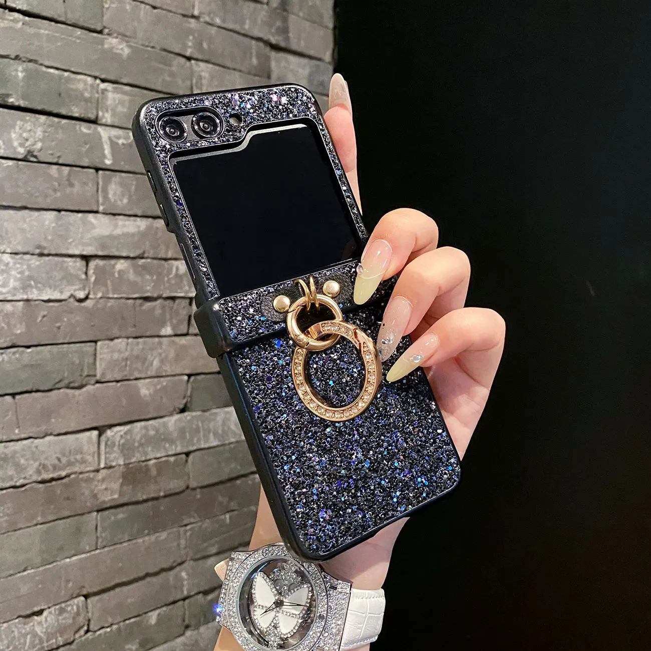 Luxurious Shiny Diamond Rhinestone Glitter Ring Buckle Case For Samsung Galaxy Z Flip 8 7 6 5 4 3 Protective 3-PIECE Back Cover