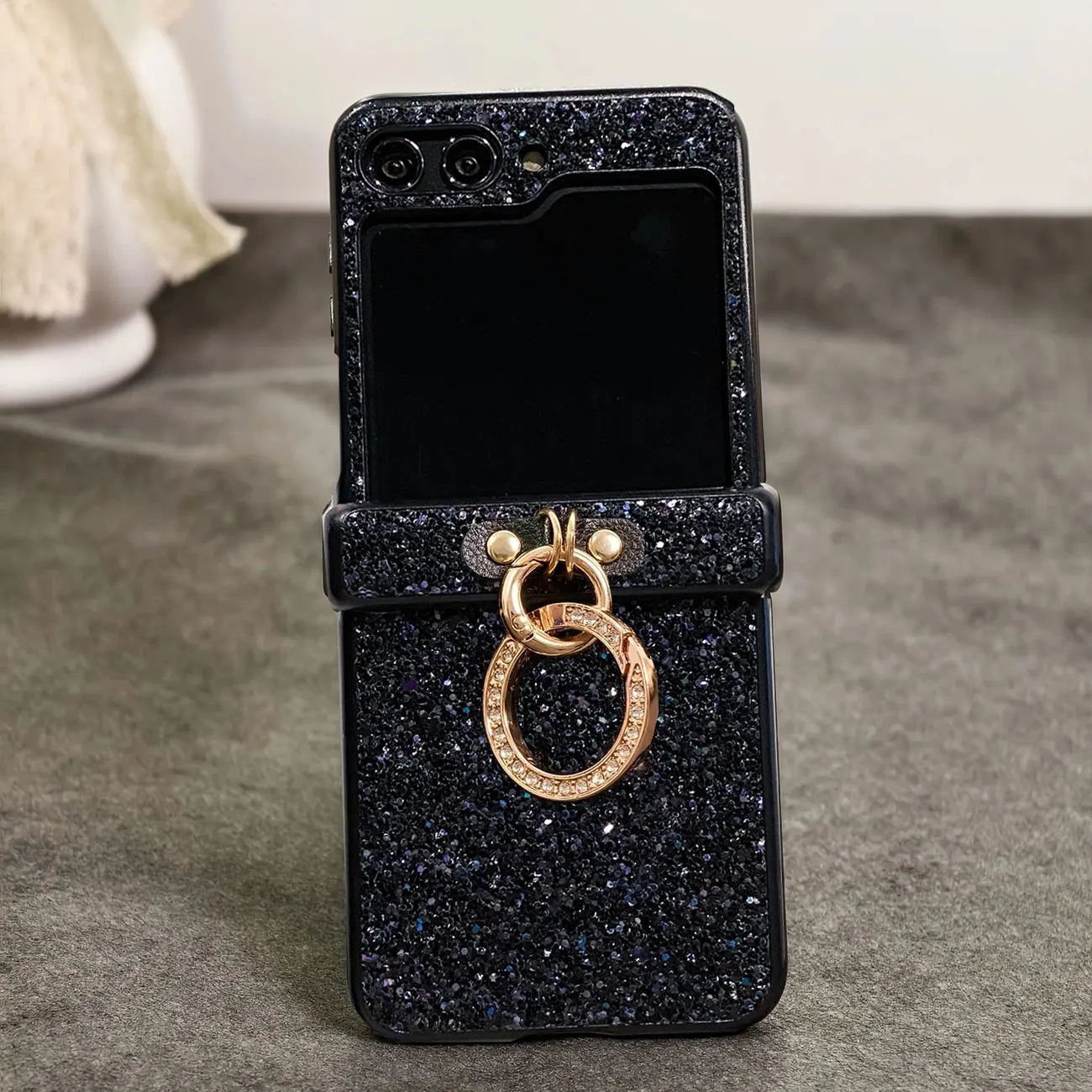 Luxurious Shiny Diamond Rhinestone Glitter Ring Buckle Case For Samsung Galaxy Z Flip 8 7 6 5 4 3 Protective 3-PIECE Back Cover
