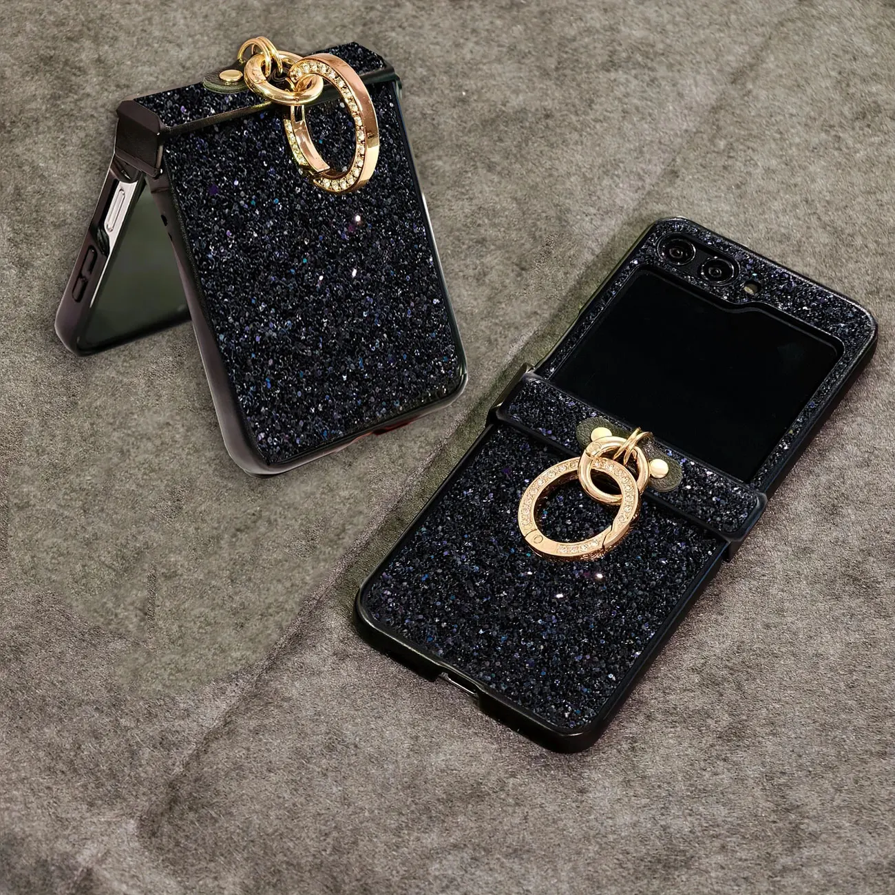 Luxurious Shiny Diamond Rhinestone Glitter Ring Buckle Case For Samsung Galaxy Z Flip 8 7 6 5 4 3 Protective 3-PIECE Back Cover