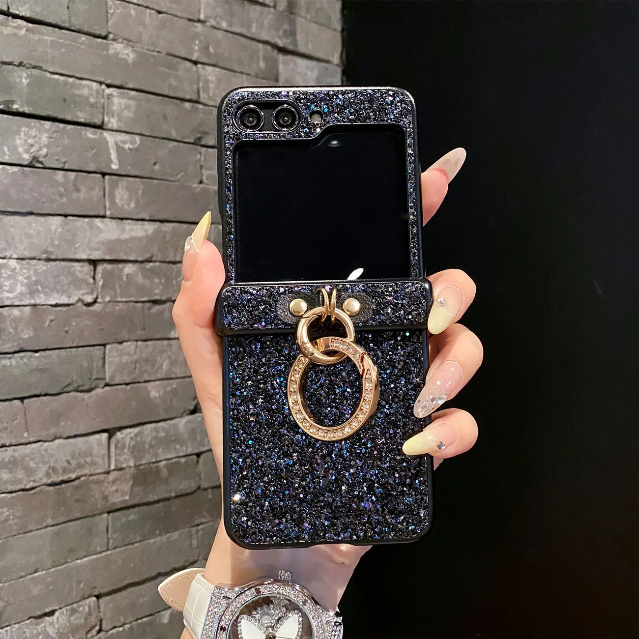 Luxurious Shiny Diamond Rhinestone Glitter Ring Buckle Case For Samsung Galaxy Z Flip 8 7 6 5 4 3 Protective 3-PIECE Back Cover