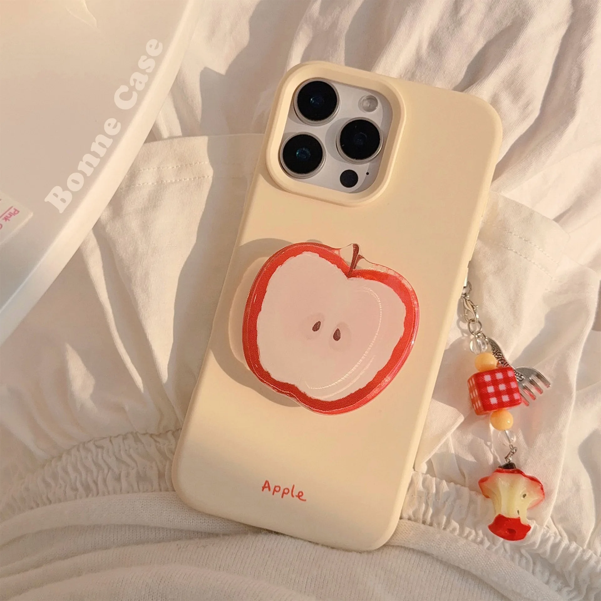 Korean Red Apple Graffiti With Holder Lanyard Phone Case for iPhone 17 16 15 14 13 12 Pro Max Soft Silicone Shockproof Cover