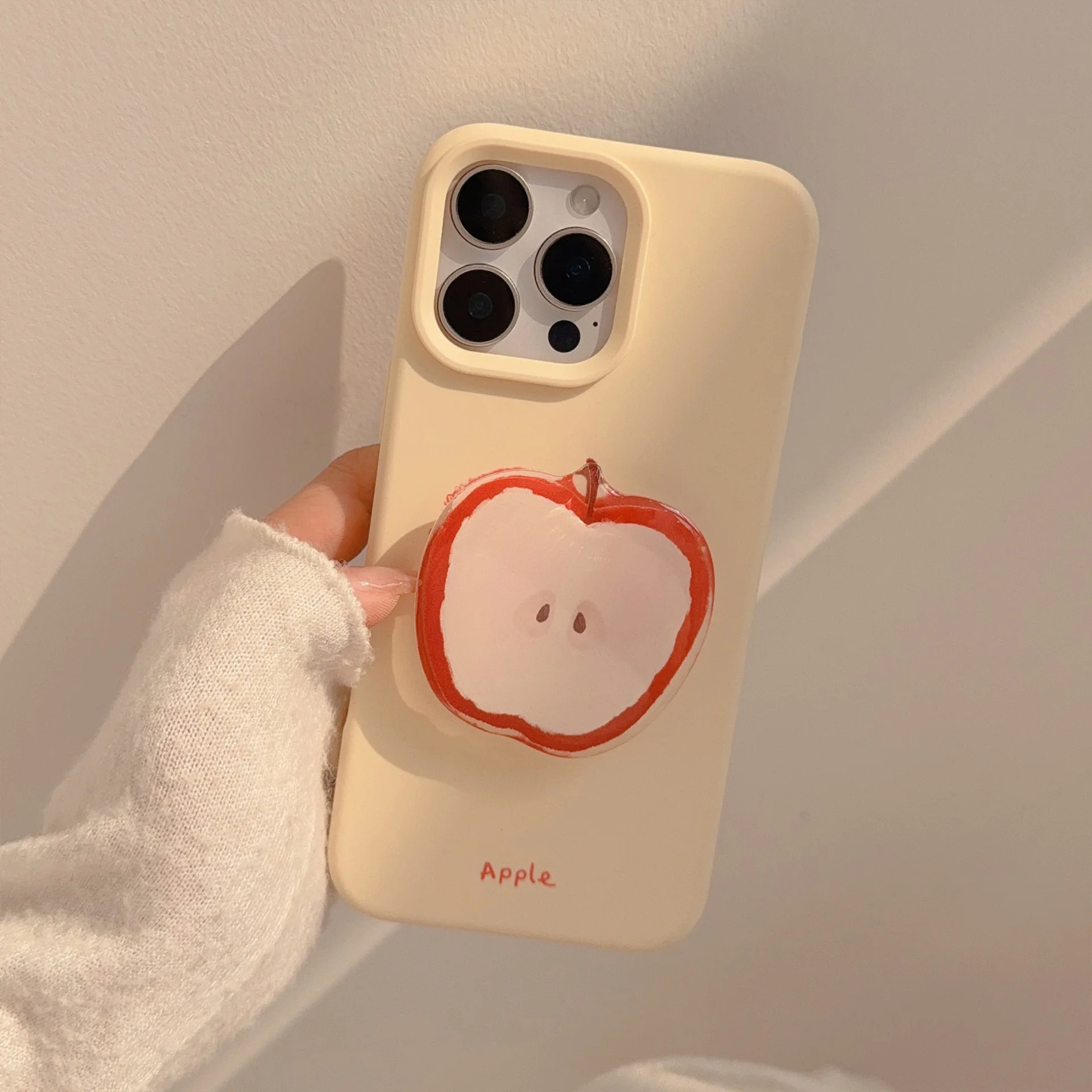 Korean Red Apple Graffiti With Holder Lanyard Phone Case for iPhone 17 16 15 14 13 12 Pro Max Soft Silicone Shockproof Cover