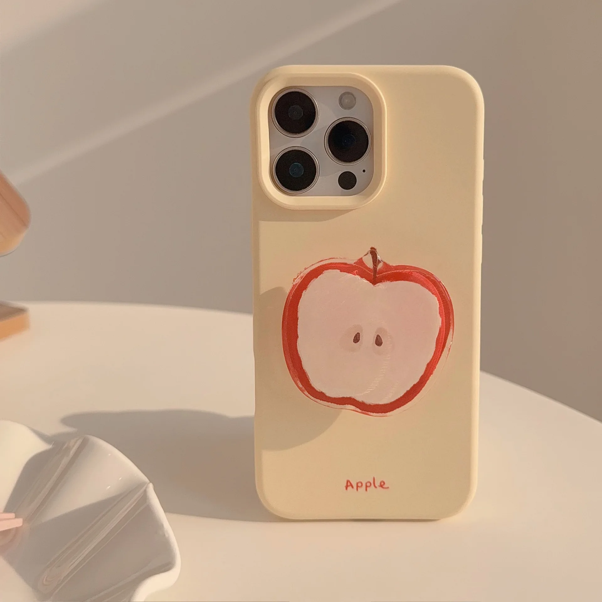 Korean Red Apple Graffiti With Holder Lanyard Phone Case for iPhone 17 16 15 14 13 12 Pro Max Soft Silicone Shockproof Cover