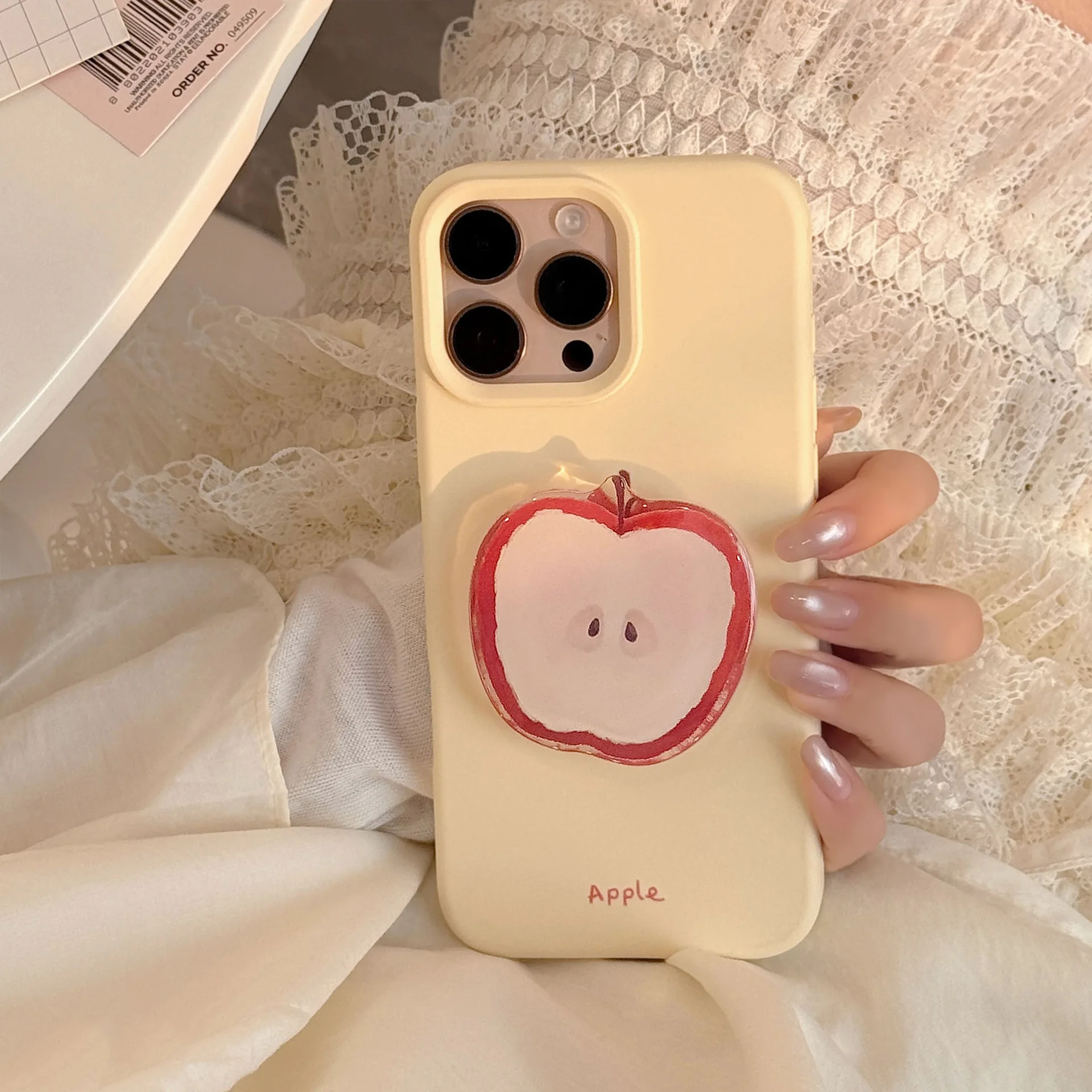 Korean Red Apple Graffiti With Holder Lanyard Phone Case for iPhone 17 16 15 14 13 12 Pro Max Soft Silicone Shockproof Cover