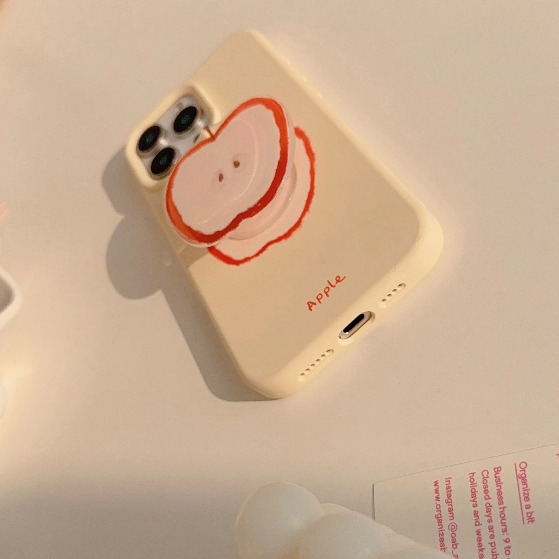 Korean Red Apple Graffiti With Holder Lanyard Phone Case for iPhone 17 16 15 14 13 12 Pro Max Soft Silicone Shockproof Cover