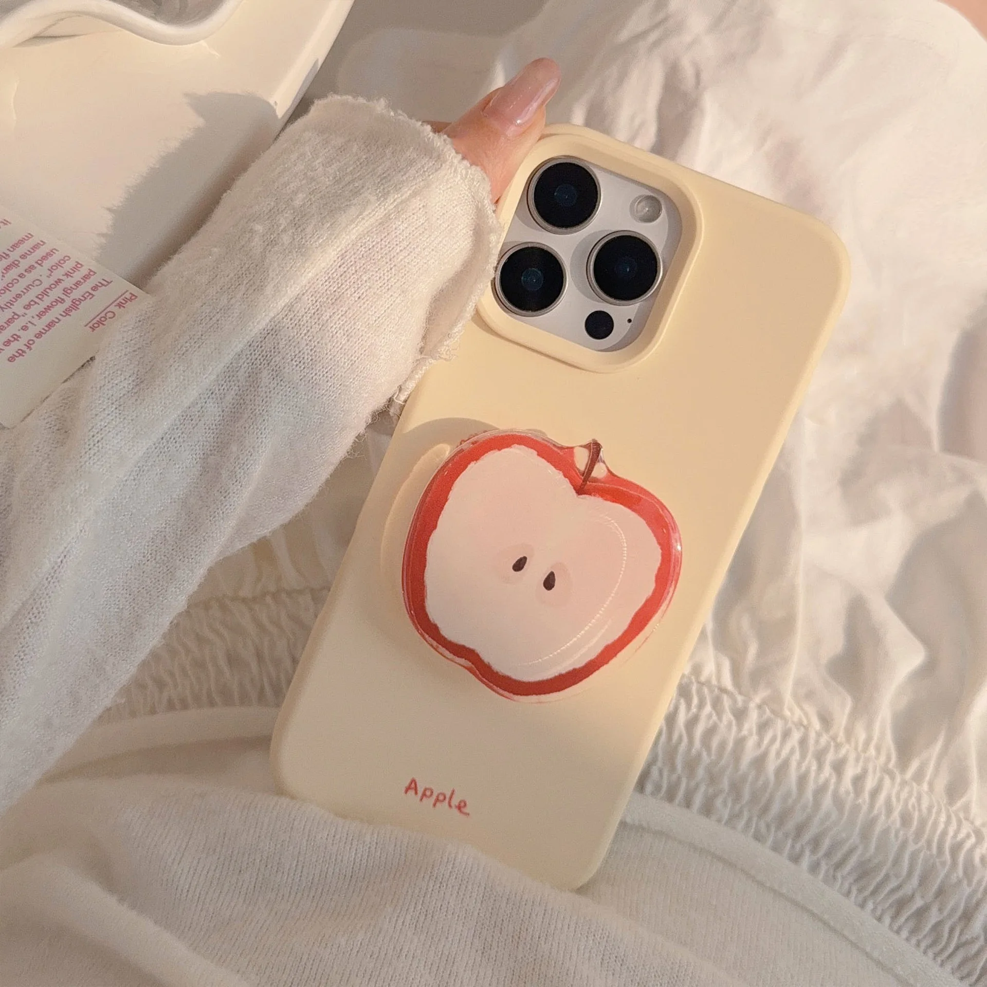 Korean Red Apple Graffiti With Holder Lanyard Phone Case for iPhone 17 16 15 14 13 12 Pro Max Soft Silicone Shockproof Cover