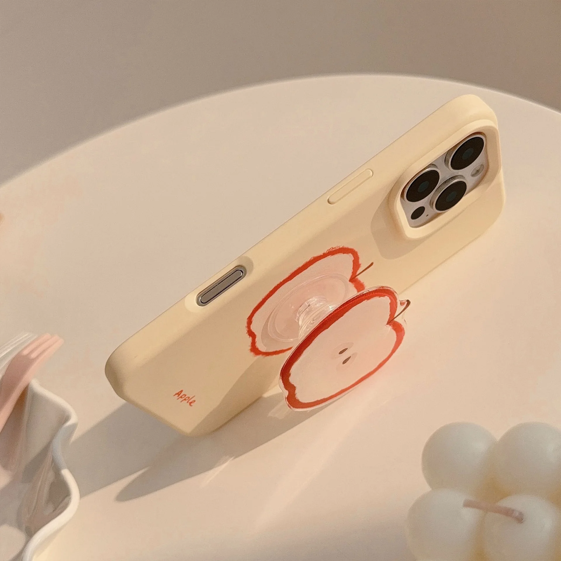 Korean Red Apple Graffiti With Holder Lanyard Phone Case for iPhone 17 16 15 14 13 12 Pro Max Soft Silicone Shockproof Cover