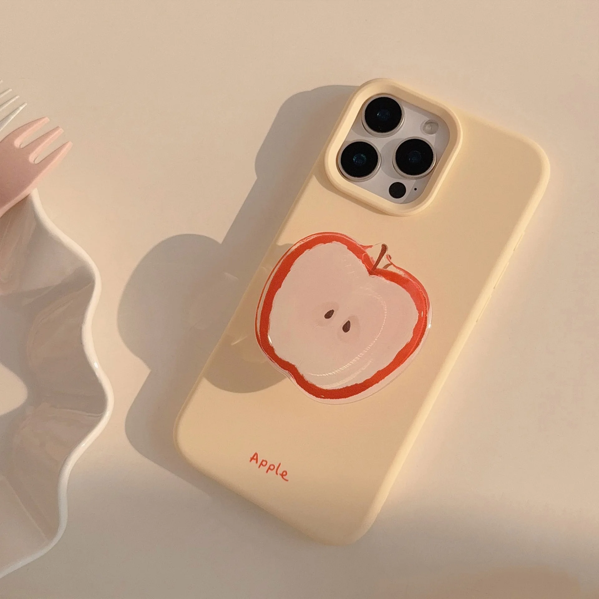 Korean Red Apple Graffiti With Holder Lanyard Phone Case for iPhone 17 16 15 14 13 12 Pro Max Soft Silicone Shockproof Cover