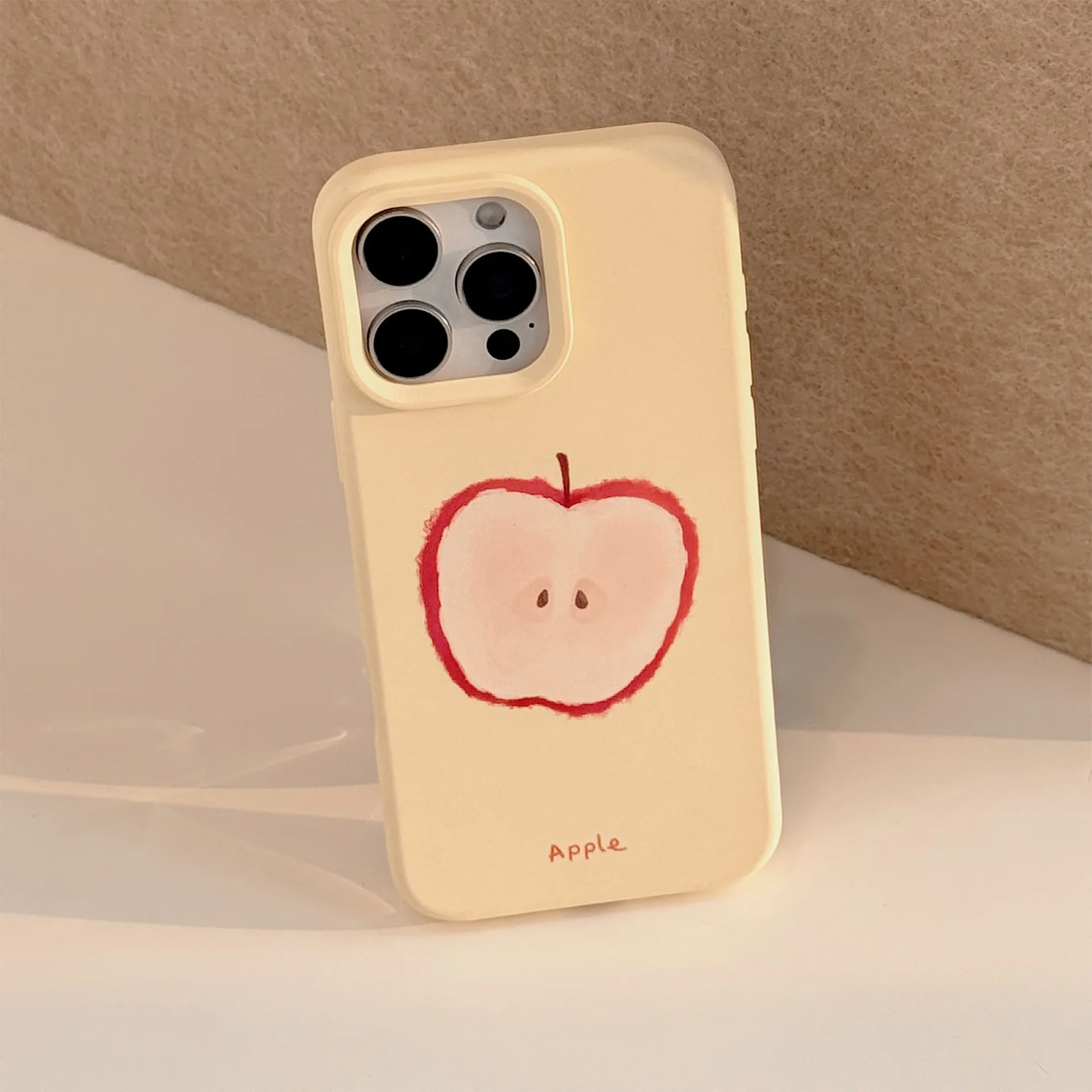 Korean Red Apple Graffiti With Holder Lanyard Phone Case for iPhone 17 16 15 14 13 12 Pro Max Soft Silicone Shockproof Cover