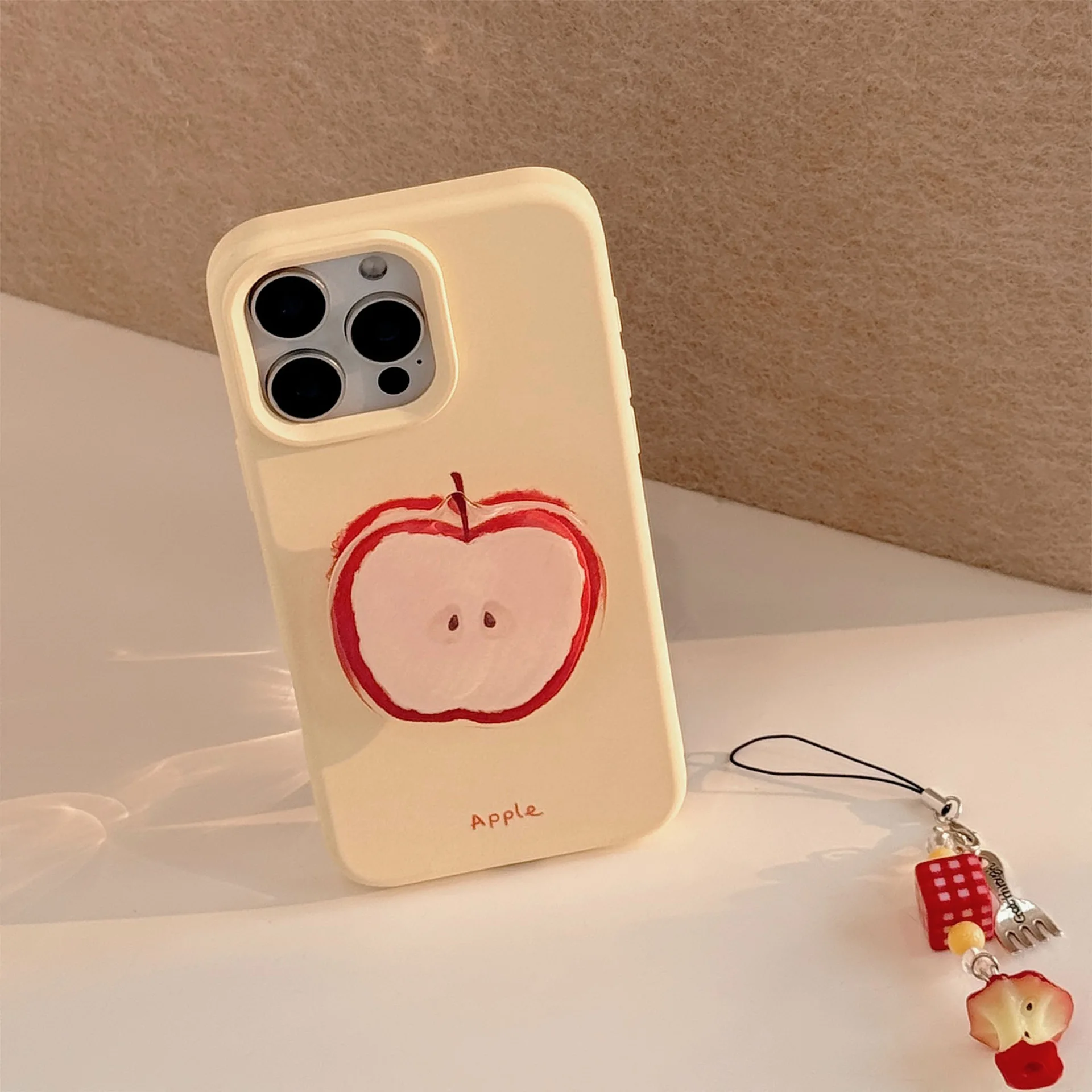 Korean Red Apple Graffiti With Holder Lanyard Phone Case for iPhone 17 16 15 14 13 12 Pro Max Soft Silicone Shockproof Cover