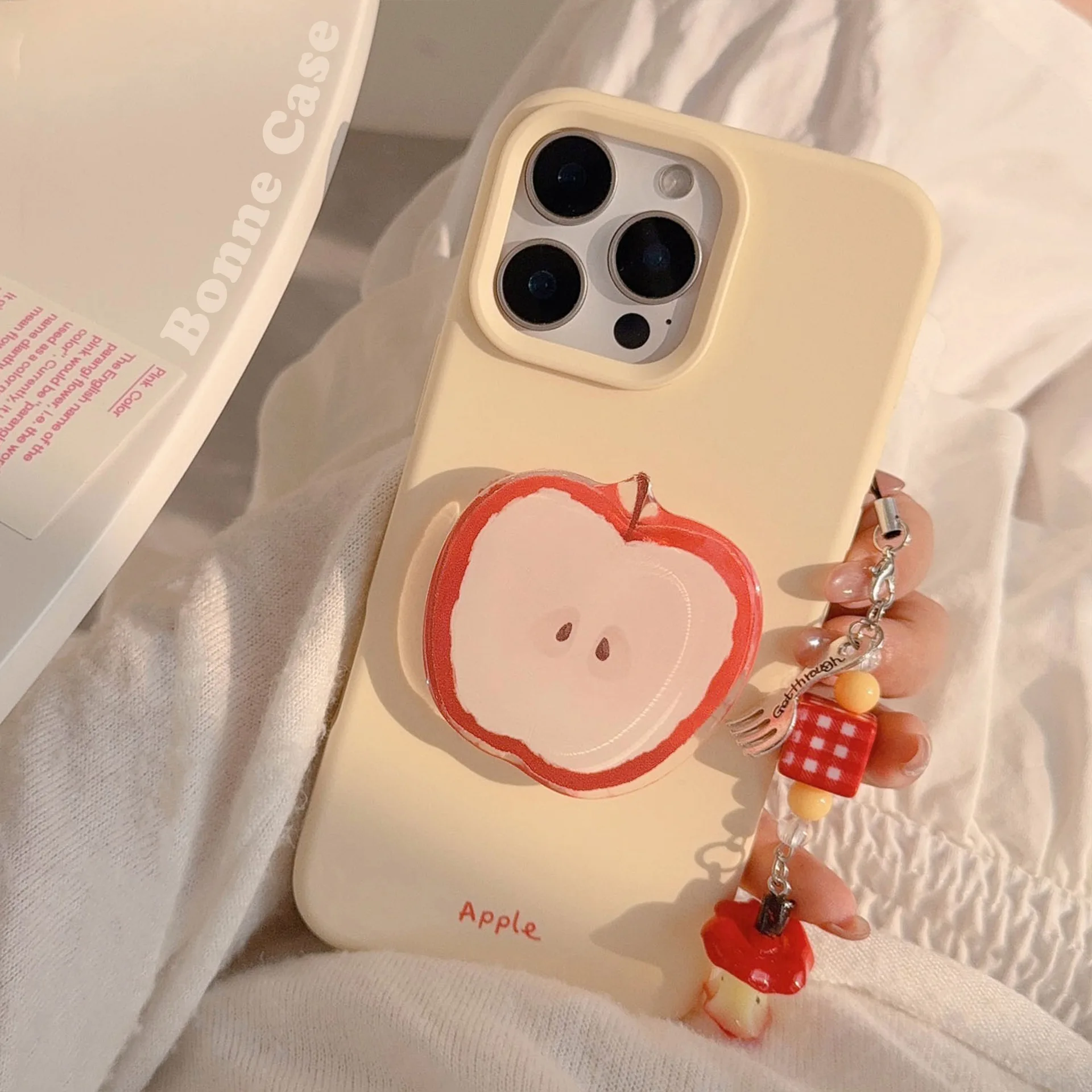 Korean Red Apple Graffiti With Holder Lanyard Phone Case for iPhone 17 16 15 14 13 12 Pro Max Soft Silicone Shockproof Cover