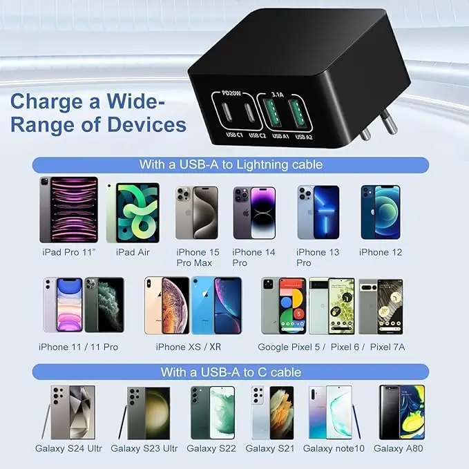 1pc USB C Charger, 40W 4 Port USBC Plug Fast Charger Multi AC Dual Port PD+QC Type C Adapter for Phone, iPad, Samsung Galaxy
