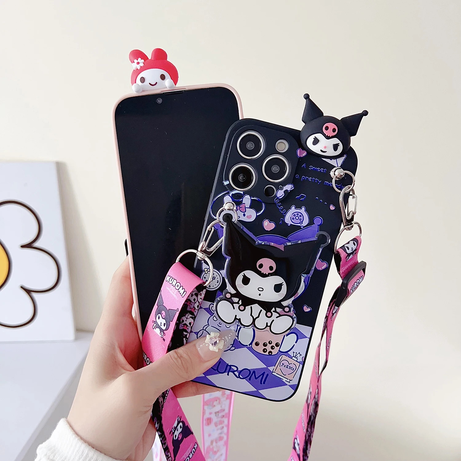 For Xiaomi Redmi 8 9 10A 12 13 10C 12C 13C 14C A1 A3 Note 7 8 9 9s 10 11 12 13 14 Pro Milk Tea Kuromi Case With Holder Rope