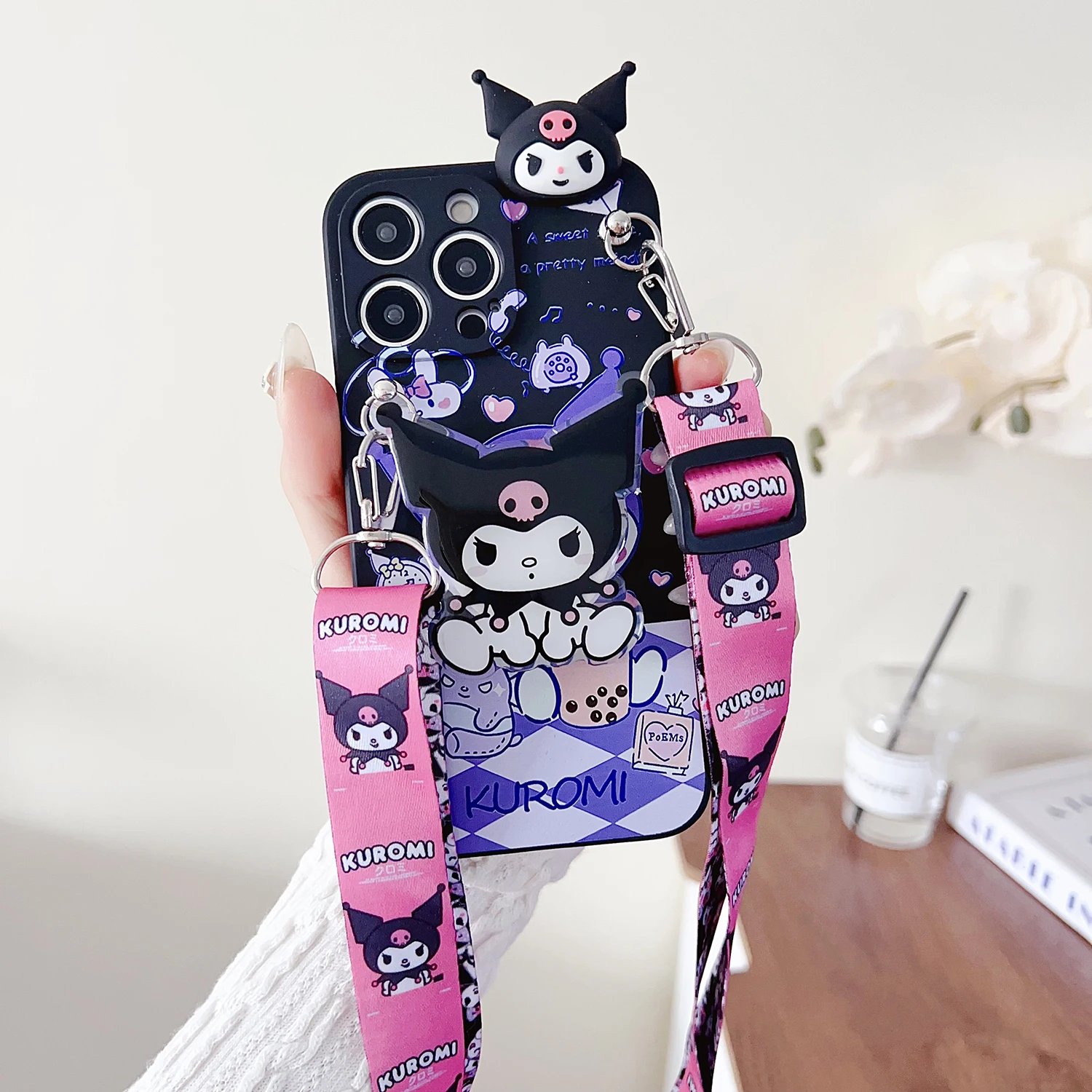 For Xiaomi Redmi 8 9 10A 12 13 10C 12C 13C 14C A1 A3 Note 7 8 9 9s 10 11 12 13 14 Pro Milk Tea Kuromi Case With Holder Rope