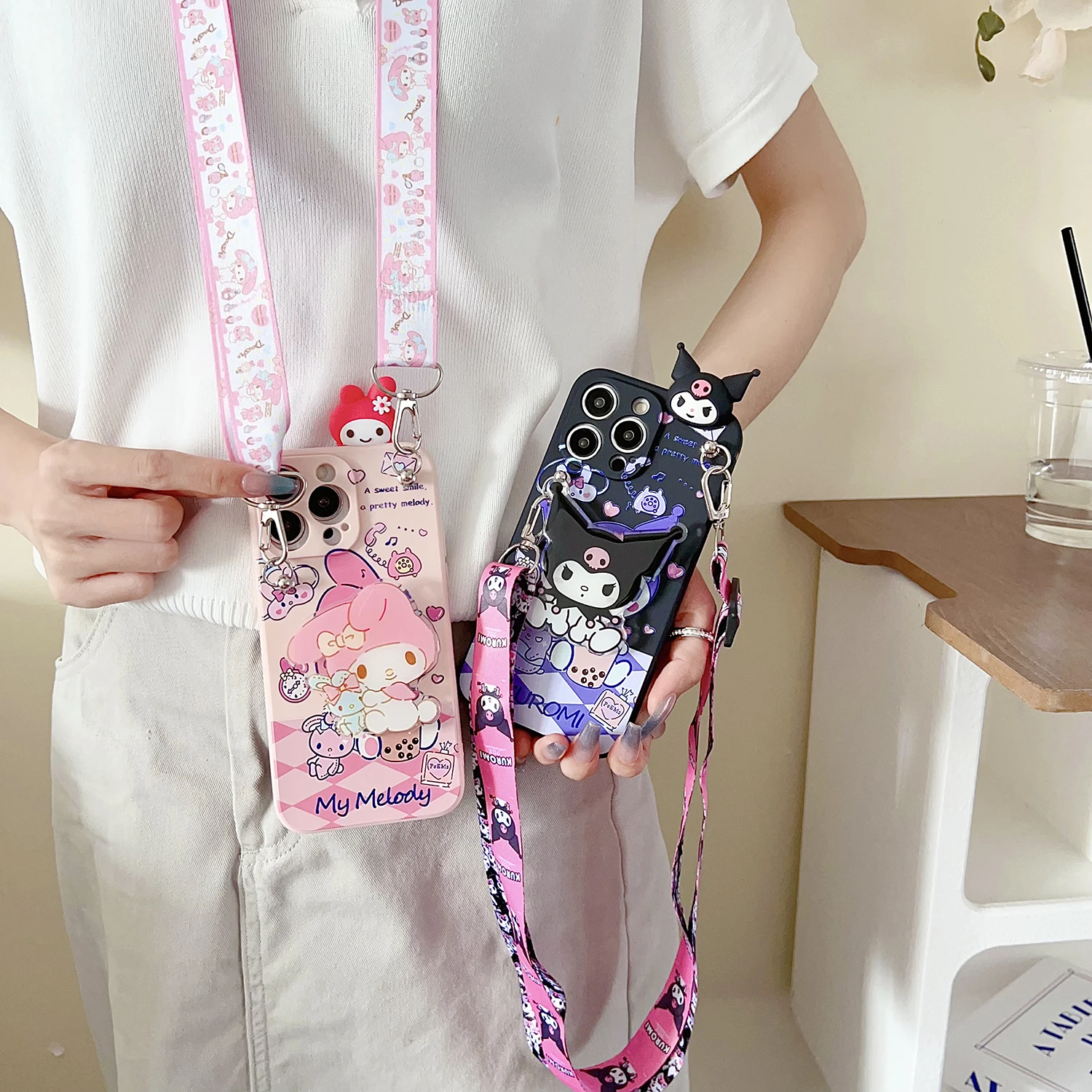 For Xiaomi Redmi 8 9 10A 12 13 10C 12C 13C 14C A1 A3 Note 7 8 9 9s 10 11 12 13 14 Pro Milk Tea Kuromi Case With Holder Rope
