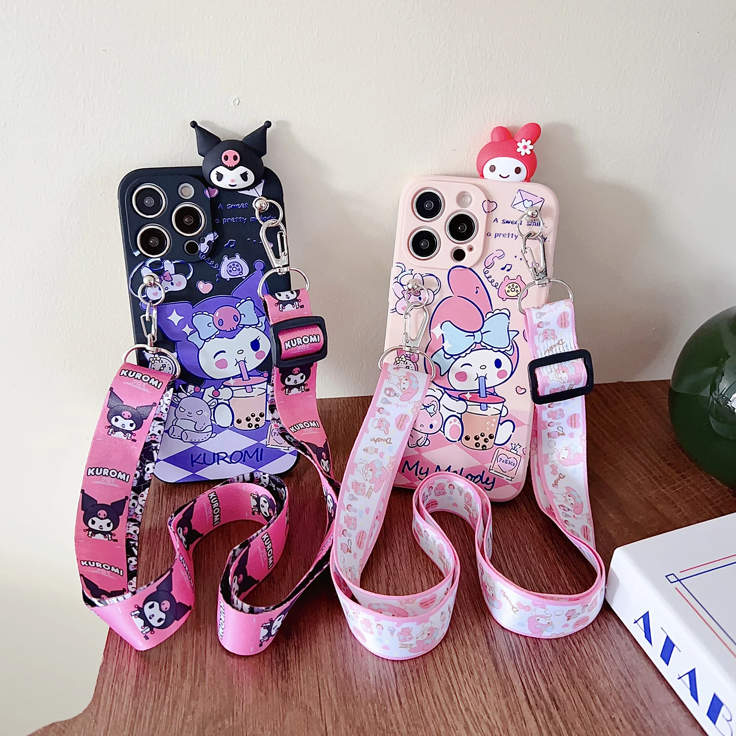 For Xiaomi Redmi 8 9 10A 12 13 10C 12C 13C 14C A1 A3 Note 7 8 9 9s 10 11 12 13 14 Pro Milk Tea Kuromi Case With Holder Rope