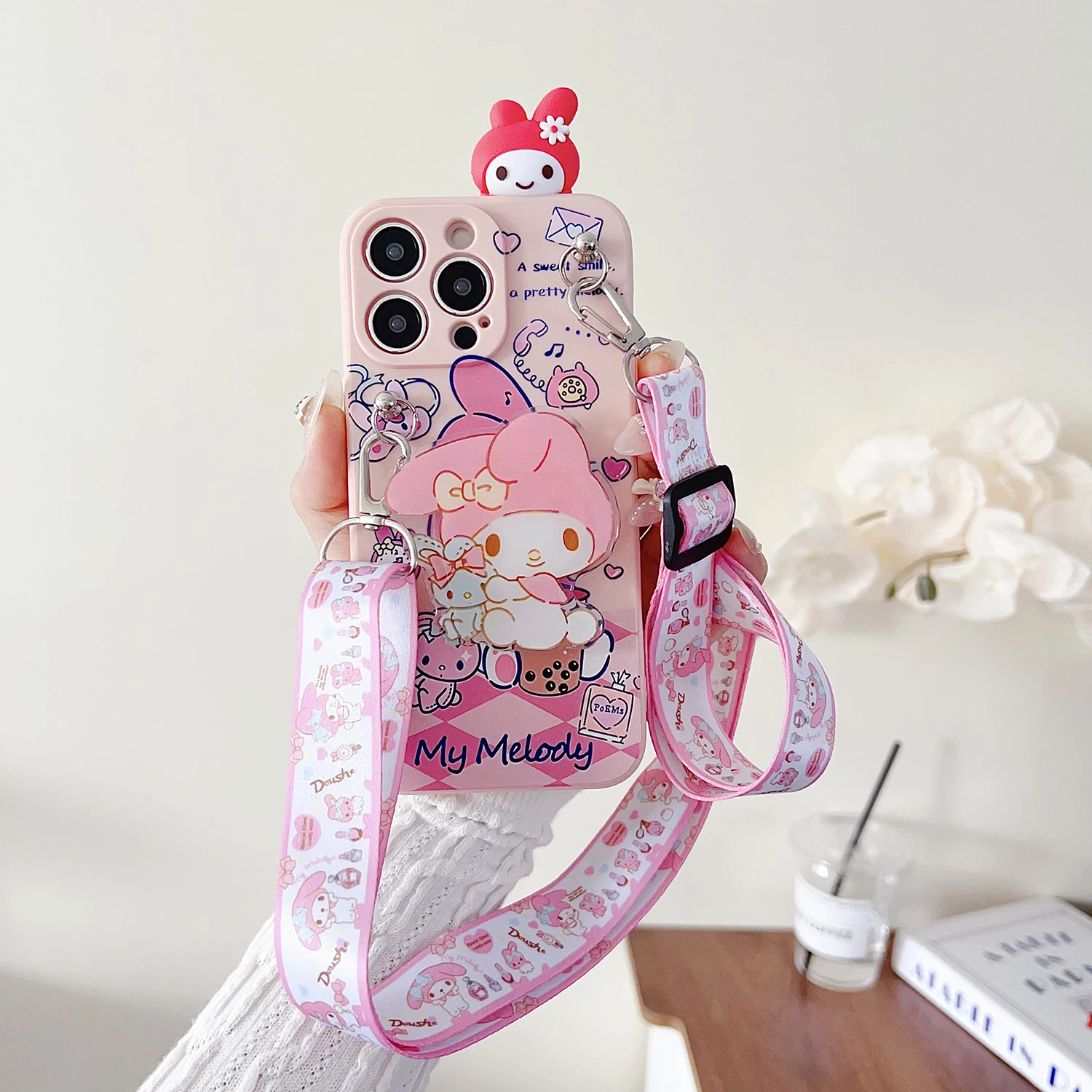 For Xiaomi Redmi 8 9 10A 12 13 10C 12C 13C 14C A1 A3 Note 7 8 9 9s 10 11 12 13 14 Pro Milk Tea Kuromi Case With Holder Rope