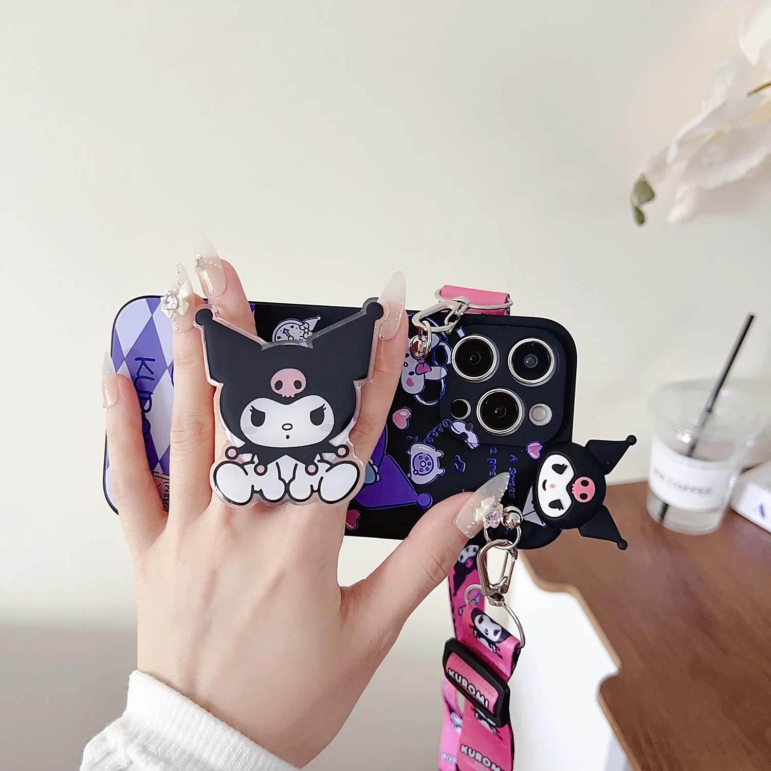 For Xiaomi Redmi 8 9 10A 12 13 10C 12C 13C 14C A1 A3 Note 7 8 9 9s 10 11 12 13 14 Pro Milk Tea Kuromi Case With Holder Rope