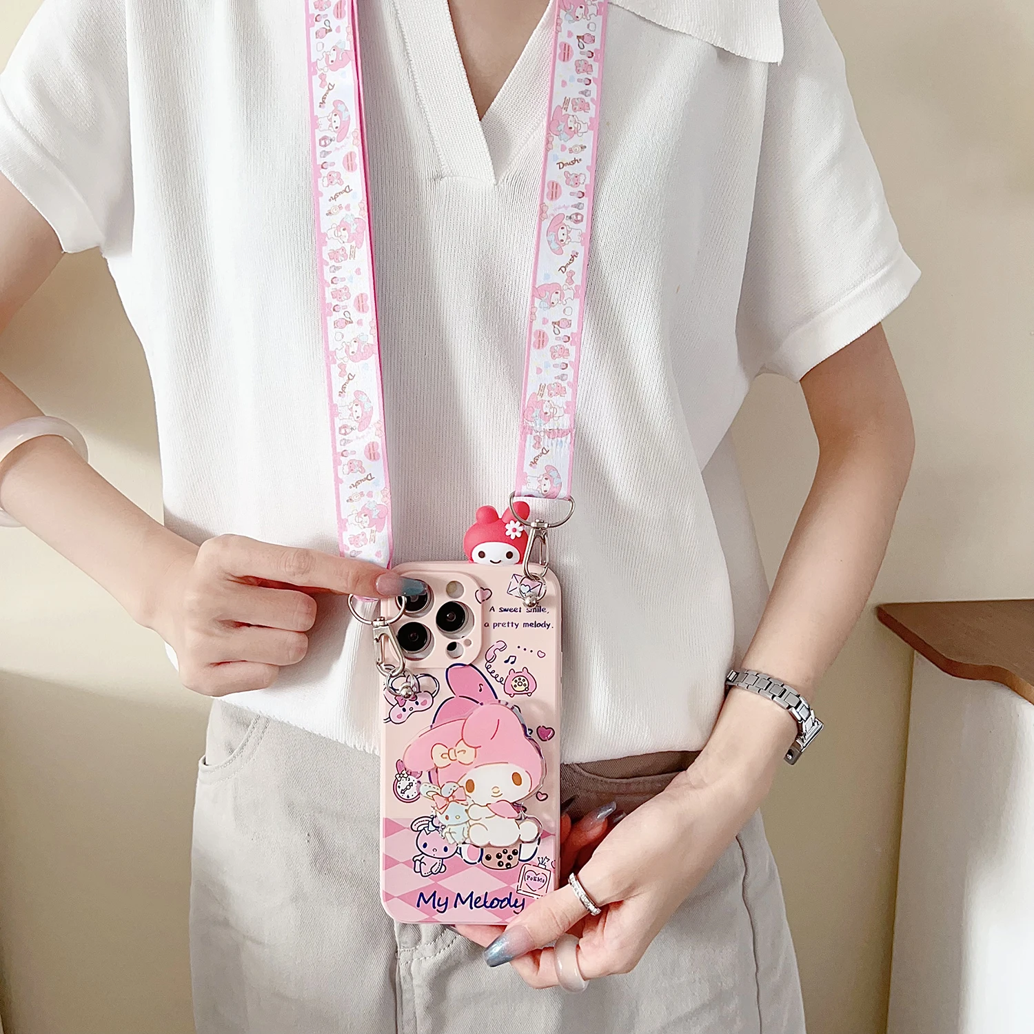 For Xiaomi Redmi 8 9 10A 12 13 10C 12C 13C 14C A1 A3 Note 7 8 9 9s 10 11 12 13 14 Pro Milk Tea Kuromi Case With Holder Rope