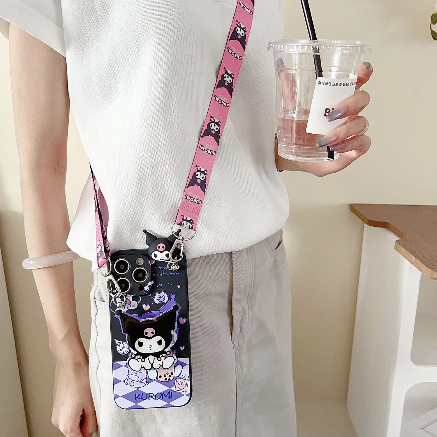 For Xiaomi Redmi 8 9 10A 12 13 10C 12C 13C 14C A1 A3 Note 7 8 9 9s 10 11 12 13 14 Pro Milk Tea Kuromi Case With Holder Rope