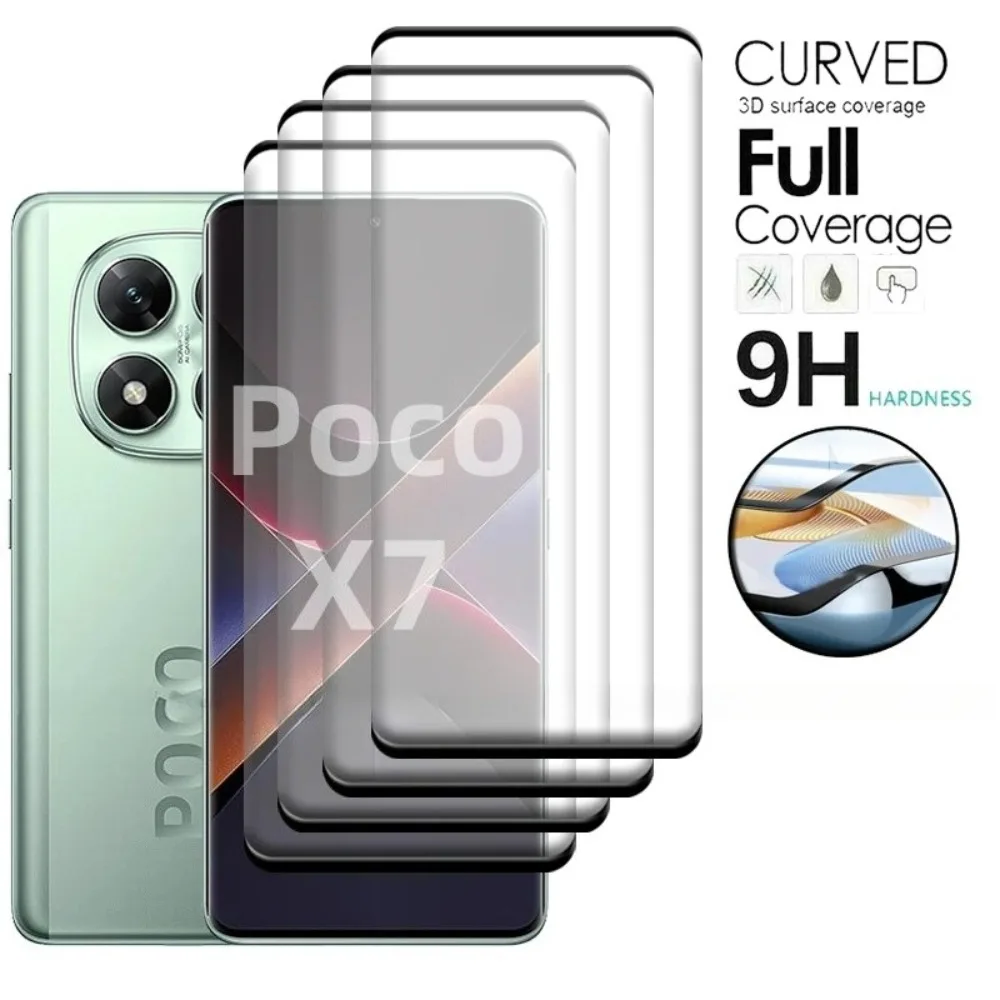4PCS For Poco X7 Glass Poco X6 Tempered Glass 9H 9H HD Full Curved Cover Phone Protective Screen Protector For Poco X7 PocoX6 X5