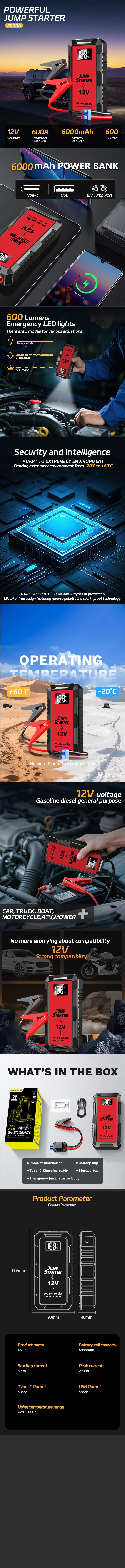 Super Car Emergency Jumper Portable 12V Battery Booster Starting Device Charger Station Jump Starter Power Bank