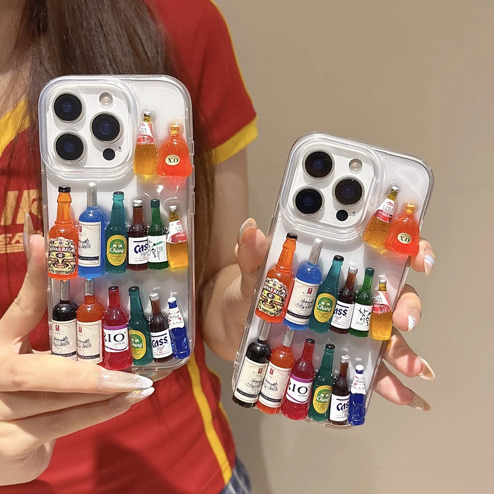 Ins Creative Fun Mini Wine Bottle Phone Case For iPhone 17 16 15 14 13 12 Pro Max Plus Personalised 3D Summer Beer Bottle Shell