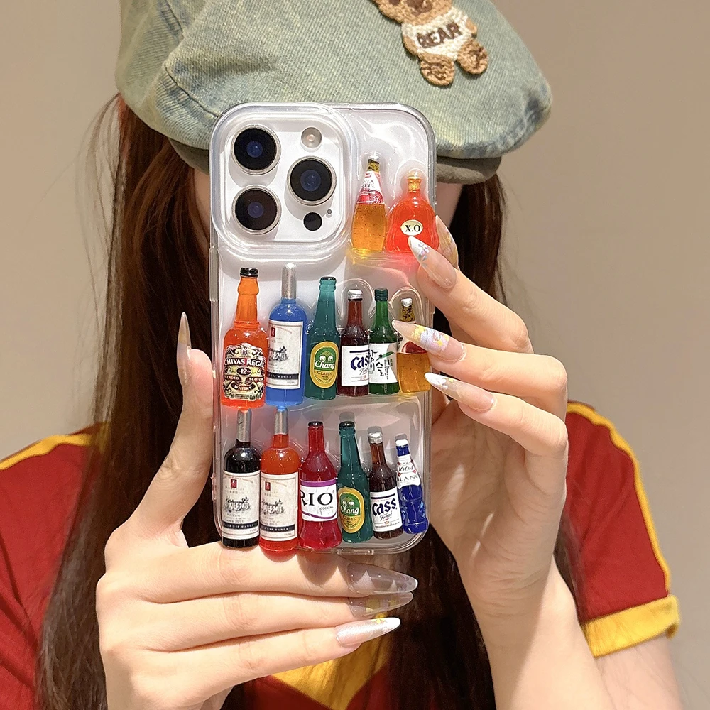 Ins Creative Fun Mini Wine Bottle Phone Case For iPhone 17 16 15 14 13 12 Pro Max Plus Personalised 3D Summer Beer Bottle Shell