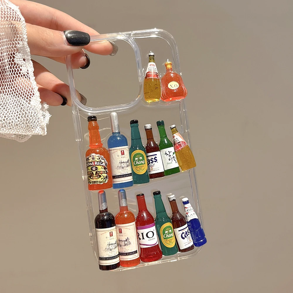 Ins Creative Fun Mini Wine Bottle Phone Case For iPhone 17 16 15 14 13 12 Pro Max Plus Personalised 3D Summer Beer Bottle Shell