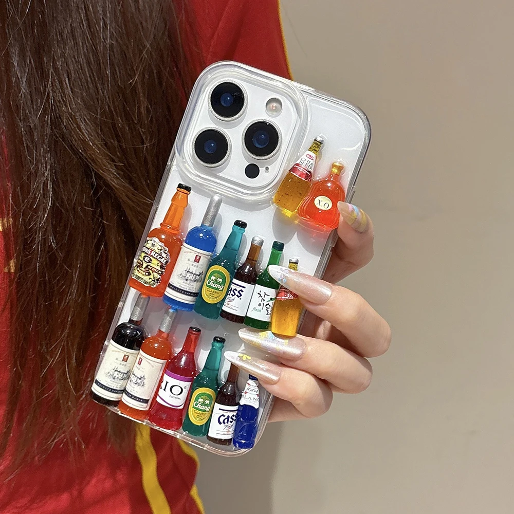 Ins Creative Fun Mini Wine Bottle Phone Case For iPhone 17 16 15 14 13 12 Pro Max Plus Personalised 3D Summer Beer Bottle Shell