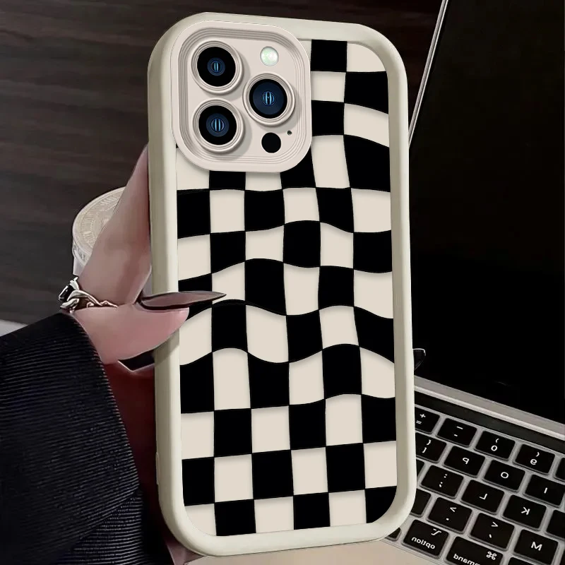 Black and White Checkered Phone Case For iPhone 16 16E 15 14 13 12 11 Pro Max X XS X S Max XR SE 2020 SE4 7 8 Silicone Cover