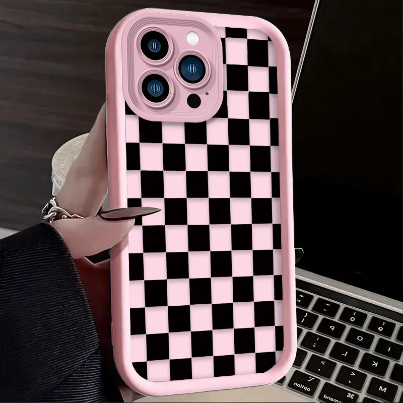 Black and White Checkered Phone Case For iPhone 16 16E 15 14 13 12 11 Pro Max X XS X S Max XR SE 2020 SE4 7 8 Silicone Cover