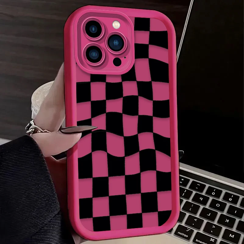 Black and White Checkered Phone Case For iPhone 16 16E 15 14 13 12 11 Pro Max X XS X S Max XR SE 2020 SE4 7 8 Silicone Cover