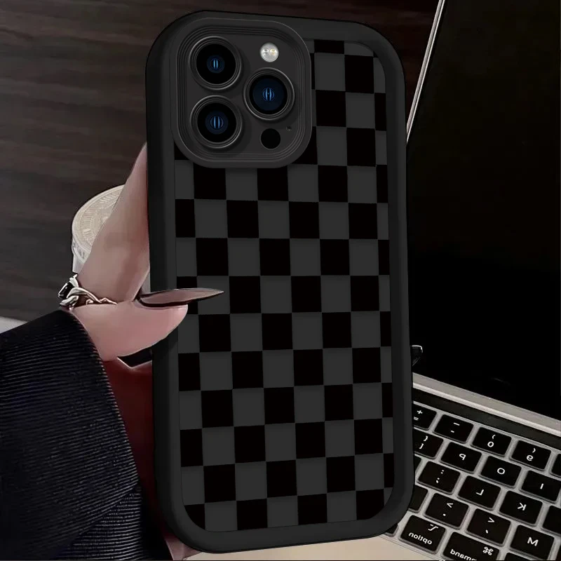 Black and White Checkered Phone Case For iPhone 16 16E 15 14 13 12 11 Pro Max X XS X S Max XR SE 2020 SE4 7 8 Silicone Cover