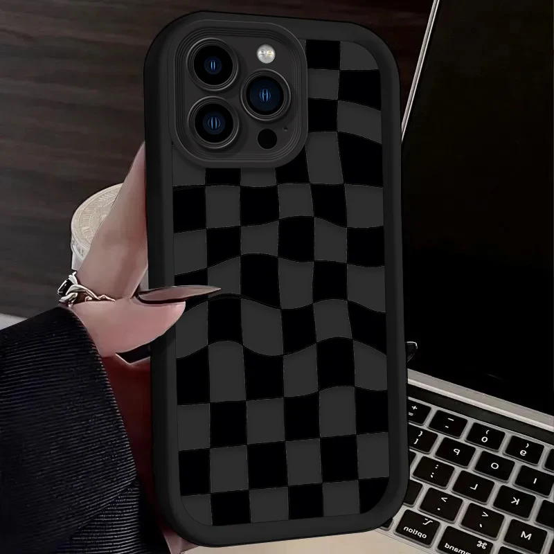 Black and White Checkered Phone Case For iPhone 16 16E 15 14 13 12 11 Pro Max X XS X S Max XR SE 2020 SE4 7 8 Silicone Cover