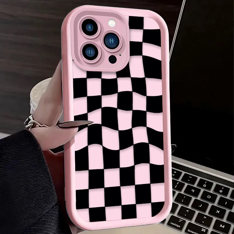 Black and White Checkered Phone Case For iPhone 16 16E 15 14 13 12 11 Pro Max X XS X S Max XR SE 2020 SE4 7 8 Silicone Cover