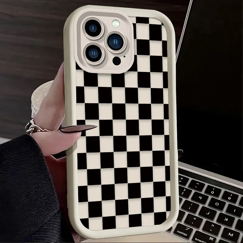 Black and White Checkered Phone Case For iPhone 16 16E 15 14 13 12 11 Pro Max X XS X S Max XR SE 2020 SE4 7 8 Silicone Cover