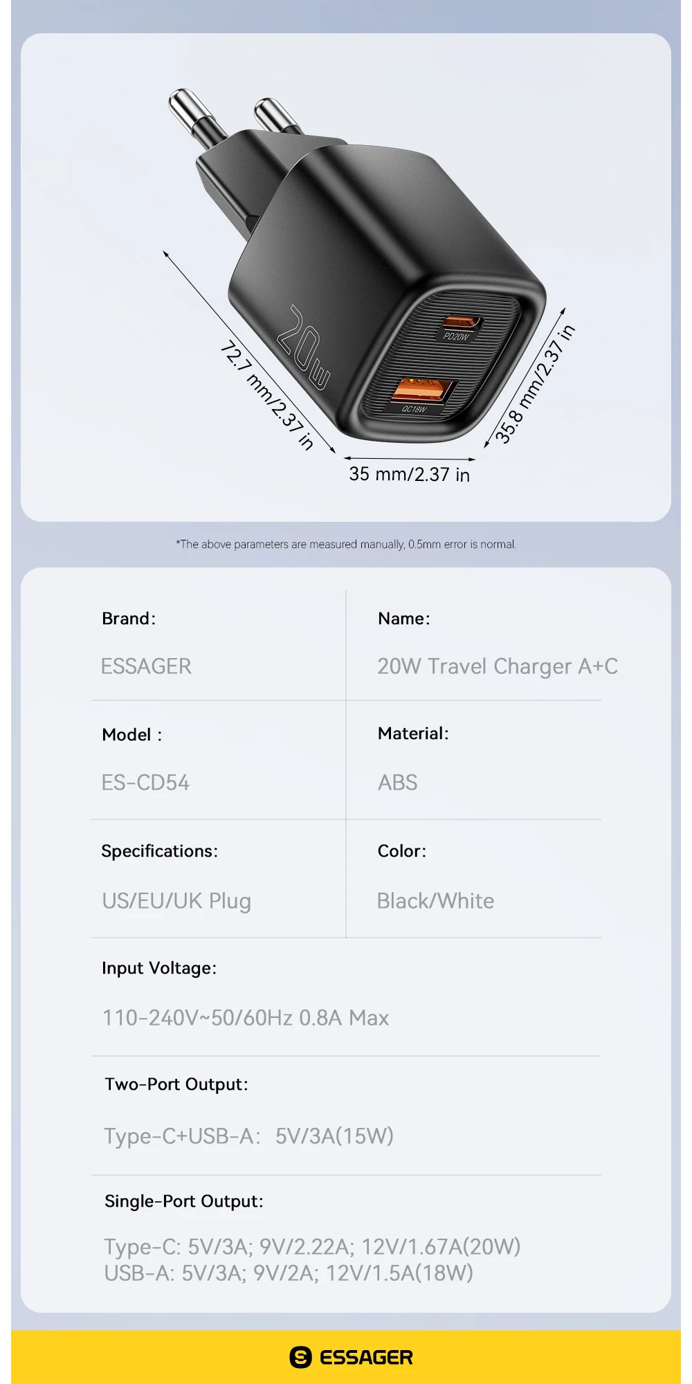 Essager 20W USB C Charger Portable Type C Charger Support PD Fast Charging For iPhone 16 15 14 13 12 11 Pro Max 8 Quick Charger