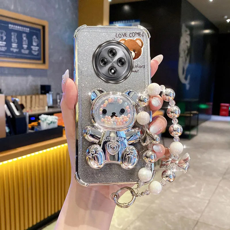 Pearl Strap Lanyard Glitter Love Comes Phone Holder Case For Oppo Reno 12F 13F 12 13 11 10 8 8T 6 9 Pro Plus 4G 5G Stand Cover