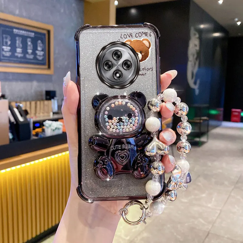 Pearl Strap Lanyard Glitter Love Comes Phone Holder Case For Oppo Reno 12F 13F 12 13 11 10 8 8T 6 9 Pro Plus 4G 5G Stand Cover
