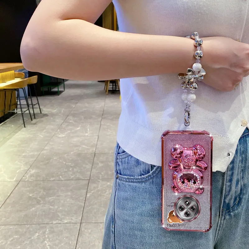 Pearl Strap Lanyard Glitter Love Comes Phone Holder Case For Oppo Reno 12F 13F 12 13 11 10 8 8T 6 9 Pro Plus 4G 5G Stand Cover