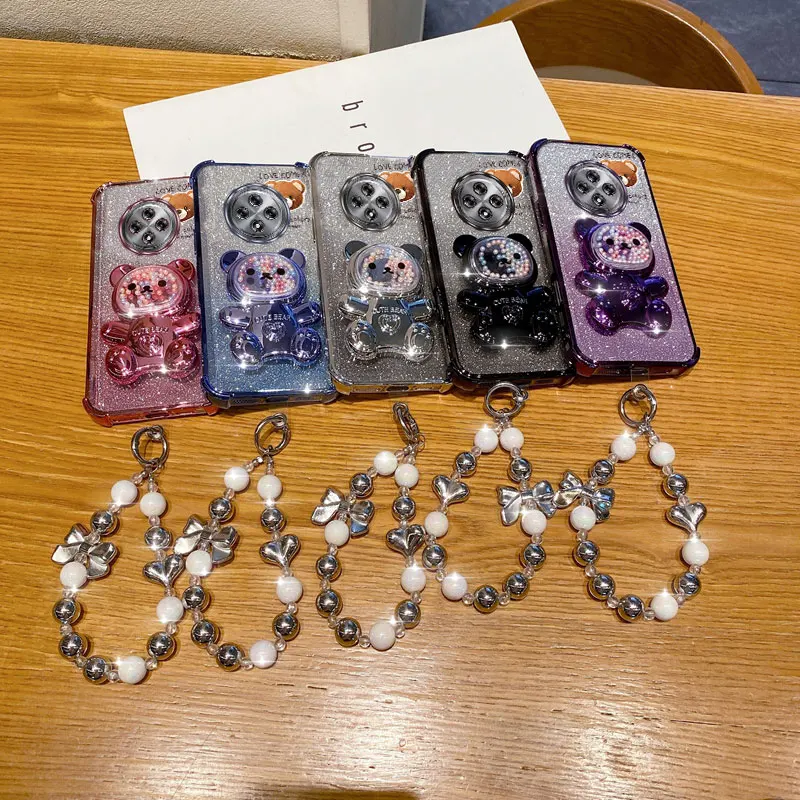 Pearl Strap Lanyard Glitter Love Comes Phone Holder Case For Oppo Reno 12F 13F 12 13 11 10 8 8T 6 9 Pro Plus 4G 5G Stand Cover