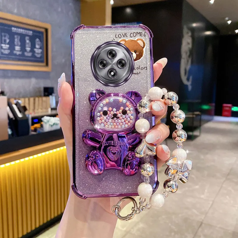 Pearl Strap Lanyard Glitter Love Comes Phone Holder Case For Oppo Reno 12F 13F 12 13 11 10 8 8T 6 9 Pro Plus 4G 5G Stand Cover