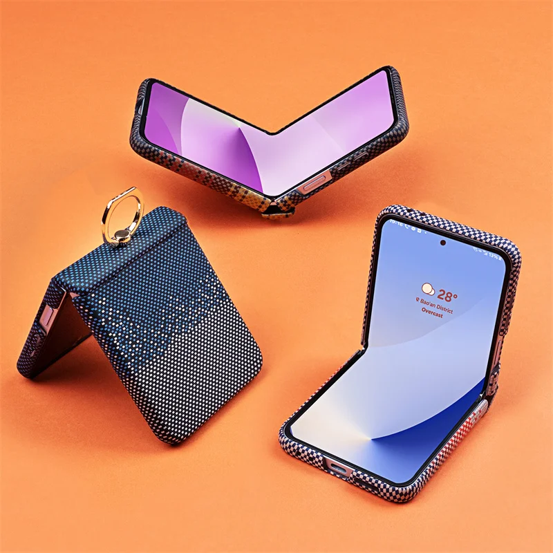 Carbon Fiber Texture Magsafe Ring Hinge Case For Samsung Galaxy Z Flip 7 6 5 5G Screen Protect Film Wireless Charging PC Cover