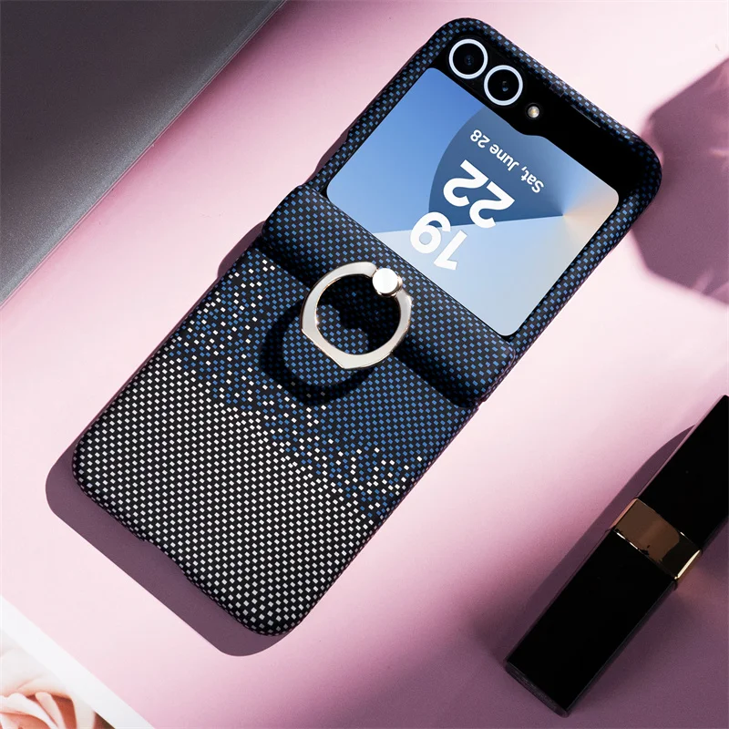 Carbon Fiber Texture Magsafe Ring Hinge Case For Samsung Galaxy Z Flip 7 6 5 5G Screen Protect Film Wireless Charging PC Cover