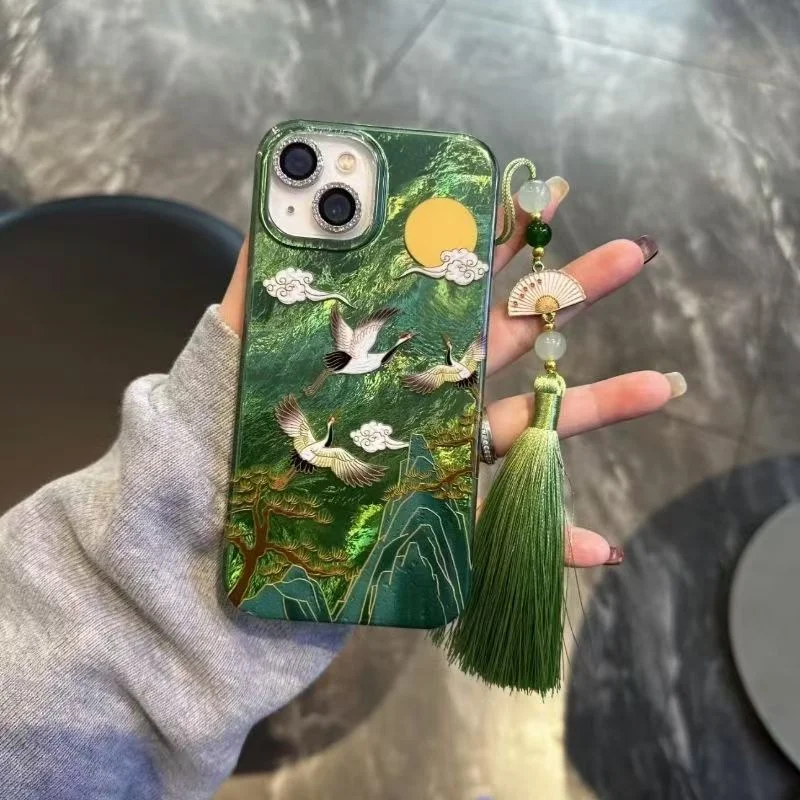 Vortex pattern High Mountain Auspicious Cloud Crane Phone Case For iPhone 17 16 Pro Max 15 14 13 12 11 XS XR X SE 7 8 Plus Cover