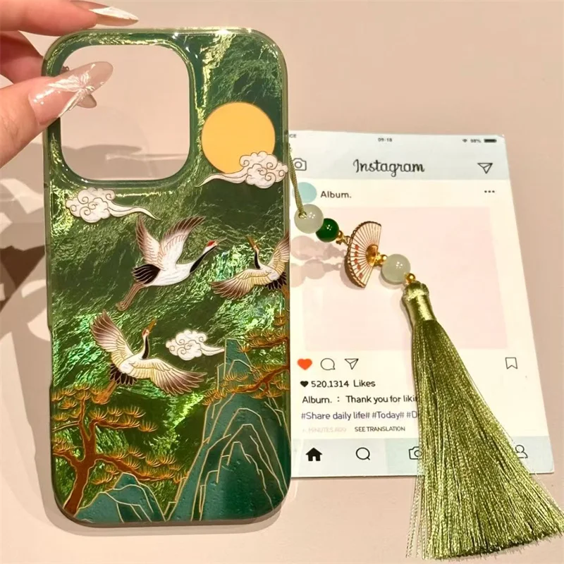 Vortex pattern High Mountain Auspicious Cloud Crane Phone Case For iPhone 17 16 Pro Max 15 14 13 12 11 XS XR X SE 7 8 Plus Cover