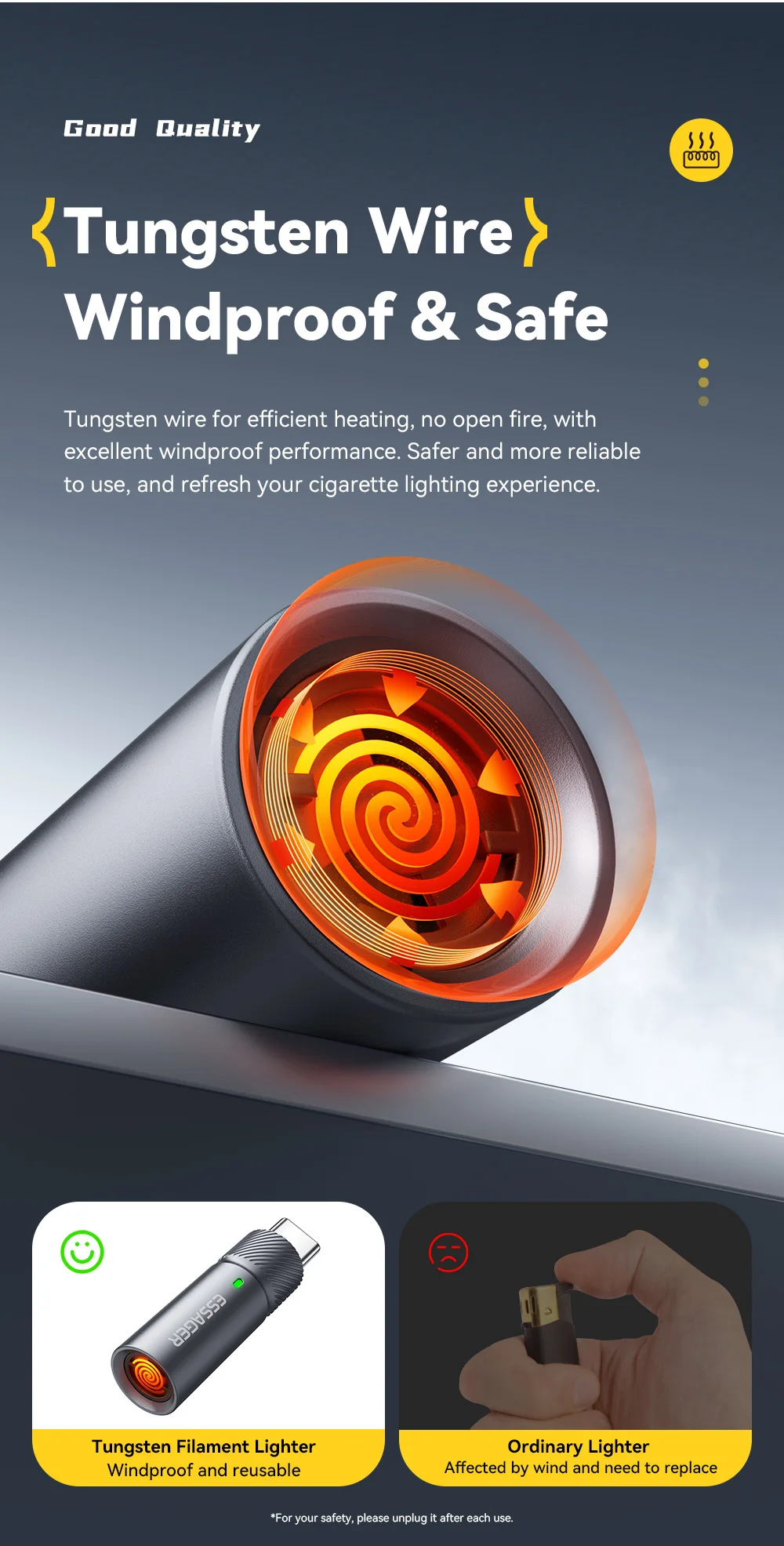 Essager TypeC Mini Cigarette Lighter Tungsten Wire Blowing Safety and Energy Saving Without Charging Can Be Carried On The Plane