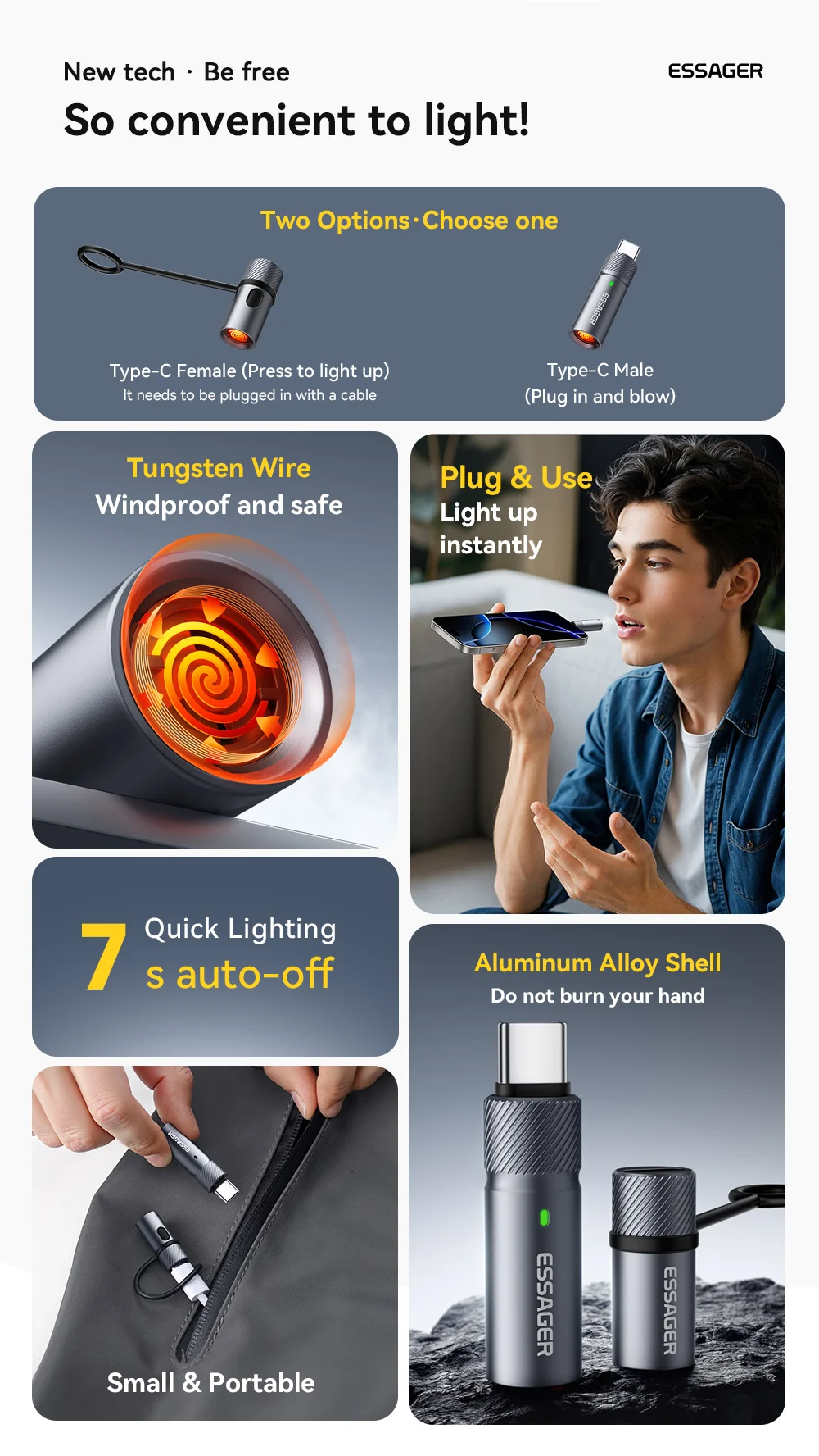 Essager TypeC Mini Cigarette Lighter Tungsten Wire Blowing Safety and Energy Saving Without Charging Can Be Carried On The Plane
